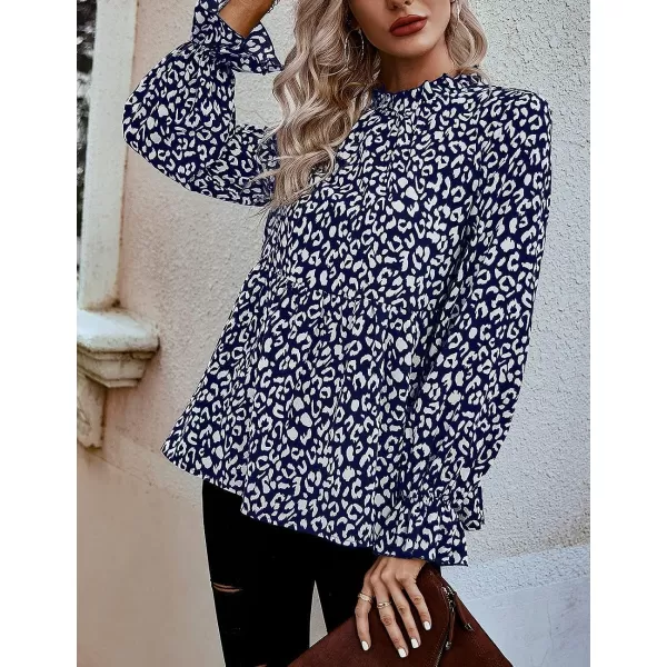 imagePRETTYGARDEN Womens Summer Loose Chiffon Blouse Mesh Long Sleeve Casual Round Neck Peplum TopsBlue White Leopard