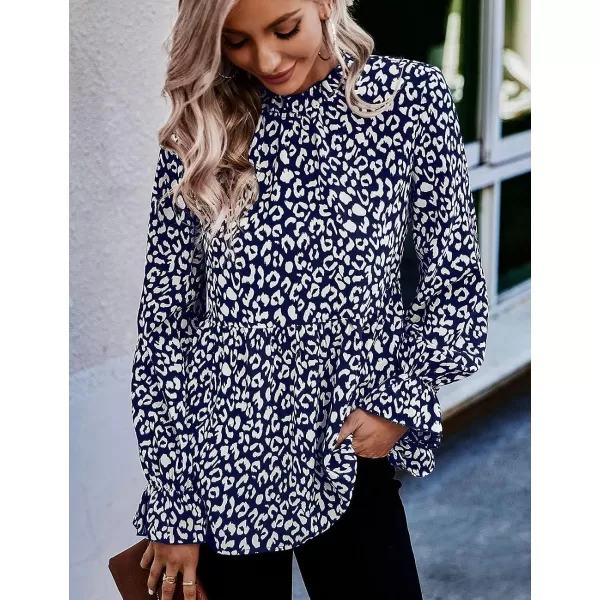 imagePRETTYGARDEN Womens Summer Loose Chiffon Blouse Mesh Long Sleeve Casual Round Neck Peplum TopsBlue White Leopard