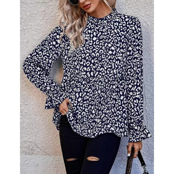 imagePRETTYGARDEN Womens Summer Loose Chiffon Blouse Mesh Long Sleeve Casual Round Neck Peplum TopsBlue White Leopard