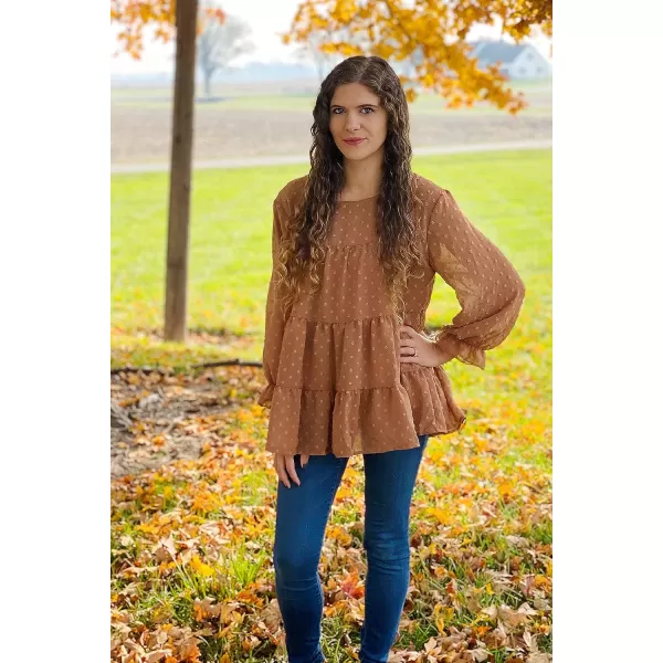 imagePRETTYGARDEN Womens Summer Loose Chiffon Blouse Mesh Long Sleeve Casual Round Neck Peplum TopsBrown