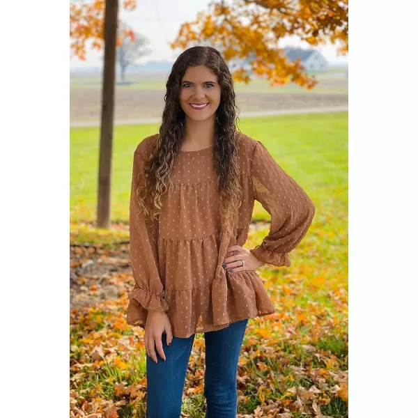 imagePRETTYGARDEN Womens Summer Loose Chiffon Blouse Mesh Long Sleeve Casual Round Neck Peplum TopsBrown