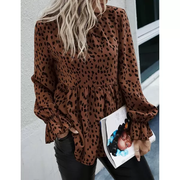 imagePRETTYGARDEN Womens Summer Loose Chiffon Blouse Mesh Long Sleeve Casual Round Neck Peplum TopsBrown Black