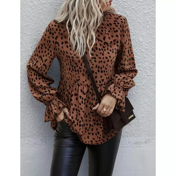 imagePRETTYGARDEN Womens Summer Loose Chiffon Blouse Mesh Long Sleeve Casual Round Neck Peplum TopsBrown Black