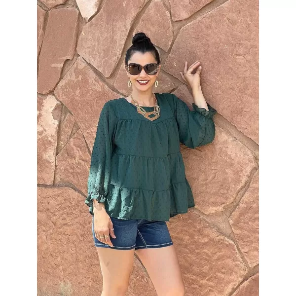 imagePRETTYGARDEN Womens Summer Loose Chiffon Blouse Mesh Long Sleeve Casual Round Neck Peplum TopsGreen