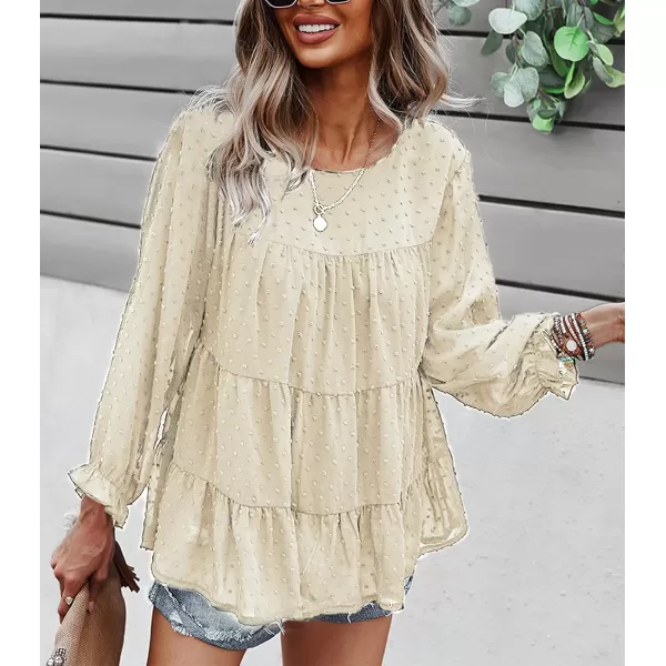 imagePRETTYGARDEN Womens Summer Loose Chiffon Blouse Mesh Long Sleeve Casual Round Neck Peplum TopsLight Apricot