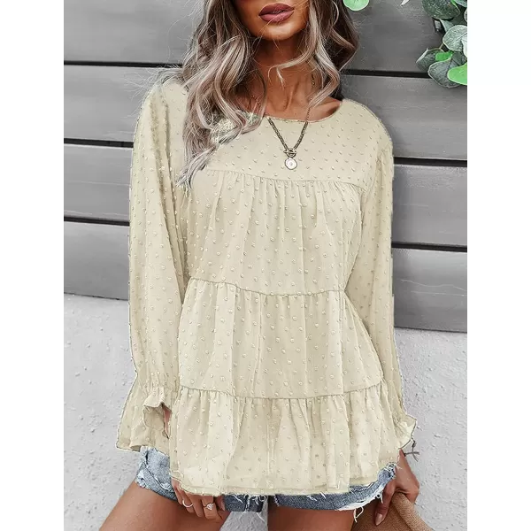 imagePRETTYGARDEN Womens Summer Loose Chiffon Blouse Mesh Long Sleeve Casual Round Neck Peplum TopsLight Apricot