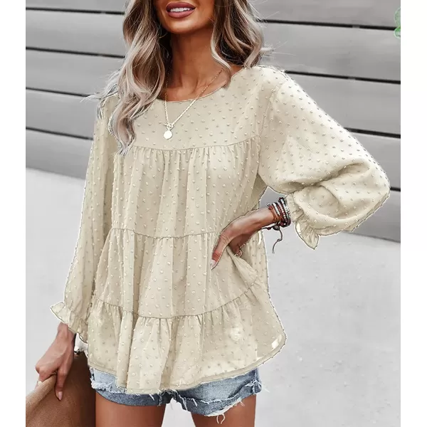 imagePRETTYGARDEN Womens Summer Loose Chiffon Blouse Mesh Long Sleeve Casual Round Neck Peplum TopsLight Apricot