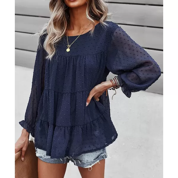 imagePRETTYGARDEN Womens Summer Loose Chiffon Blouse Mesh Long Sleeve Casual Round Neck Peplum TopsNavy