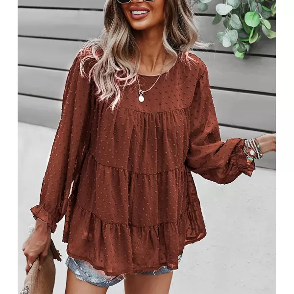 imagePRETTYGARDEN Womens Summer Loose Chiffon Blouse Mesh Long Sleeve Casual Round Neck Peplum TopsOrange