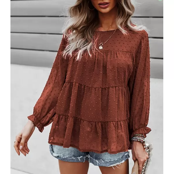 imagePRETTYGARDEN Womens Summer Loose Chiffon Blouse Mesh Long Sleeve Casual Round Neck Peplum TopsOrange