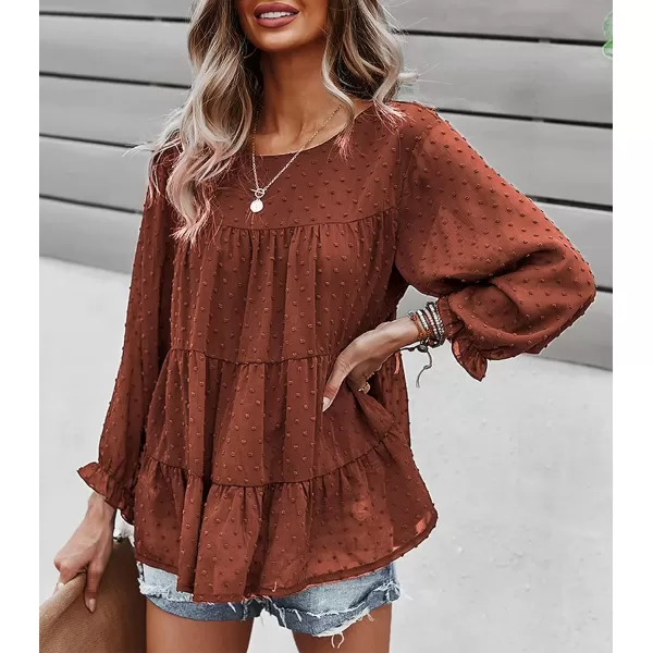 imagePRETTYGARDEN Womens Summer Loose Chiffon Blouse Mesh Long Sleeve Casual Round Neck Peplum TopsOrange