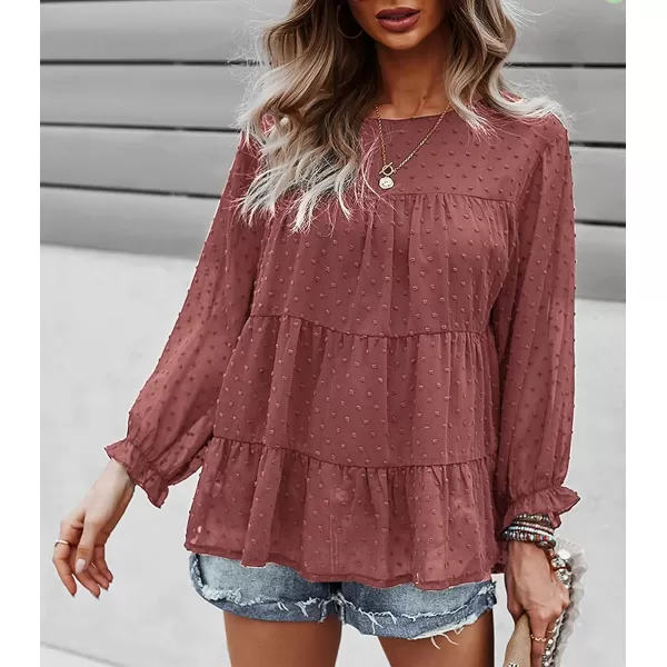 imagePRETTYGARDEN Womens Summer Loose Chiffon Blouse Mesh Long Sleeve Casual Round Neck Peplum TopsPink