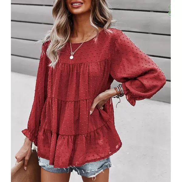 imagePRETTYGARDEN Womens Summer Loose Chiffon Blouse Mesh Long Sleeve Casual Round Neck Peplum TopsRed