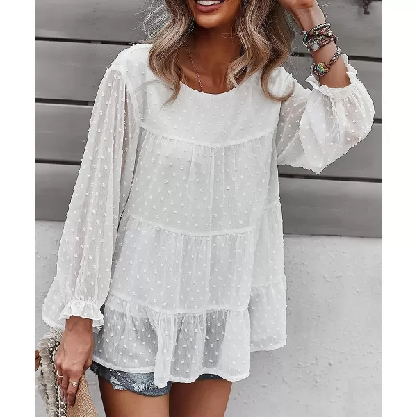 imagePRETTYGARDEN Womens Summer Loose Chiffon Blouse Mesh Long Sleeve Casual Round Neck Peplum TopsWhite