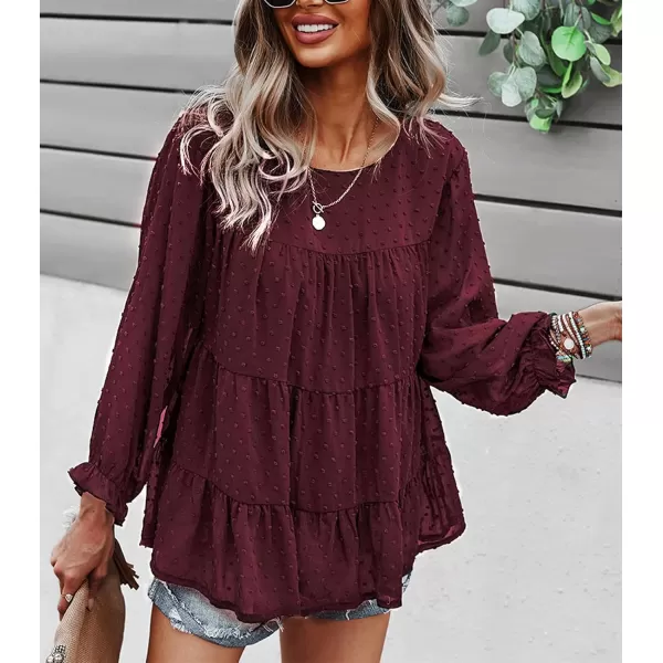 imagePRETTYGARDEN Womens Summer Loose Chiffon Blouse Mesh Long Sleeve Casual Round Neck Peplum TopsWine Red