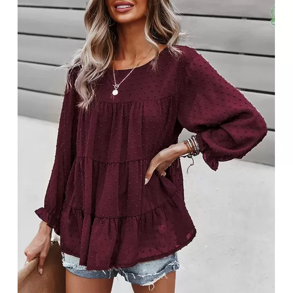 imagePRETTYGARDEN Womens Summer Loose Chiffon Blouse Mesh Long Sleeve Casual Round Neck Peplum TopsWine Red