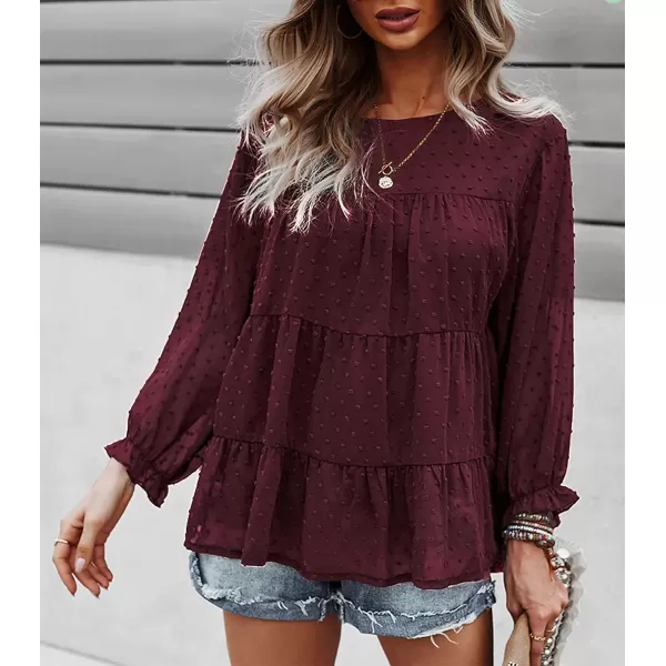 imagePRETTYGARDEN Womens Summer Loose Chiffon Blouse Mesh Long Sleeve Casual Round Neck Peplum TopsWine Red