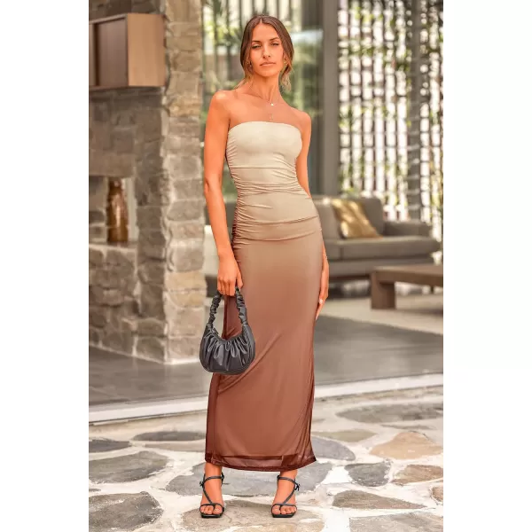 imagePRETTYGARDEN Womens Summer Maxi Bodycon Dresses Strapless Tube Top Printed Long Party Club Slit DressGradient Apricot Brown