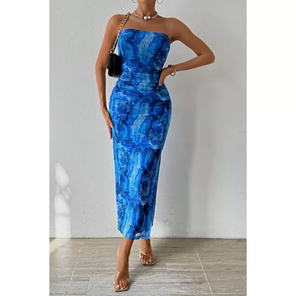 imagePRETTYGARDEN Womens Summer Maxi Bodycon Dresses Strapless Tube Top Printed Long Party Club Slit DressPrint Brilliant Blue
