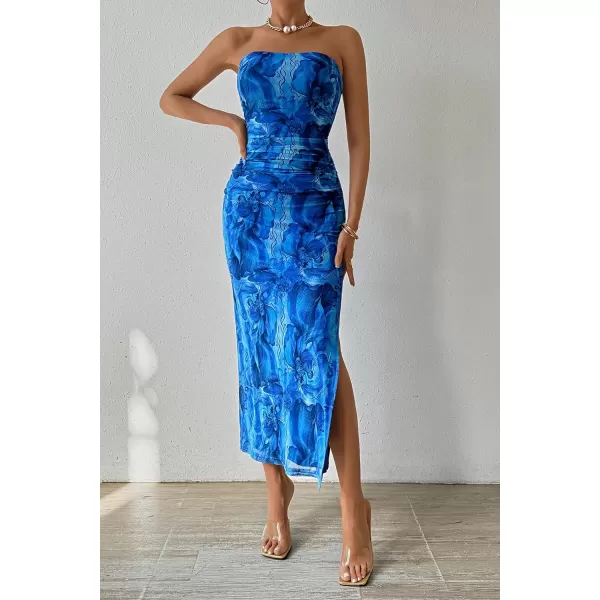 imagePRETTYGARDEN Womens Summer Maxi Bodycon Dresses Strapless Tube Top Printed Long Party Club Slit DressPrint Brilliant Blue