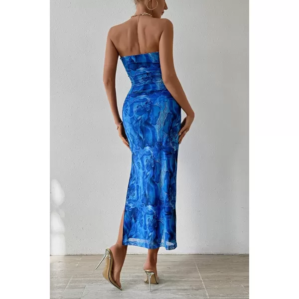 imagePRETTYGARDEN Womens Summer Maxi Bodycon Dresses Strapless Tube Top Printed Long Party Club Slit DressPrint Brilliant Blue