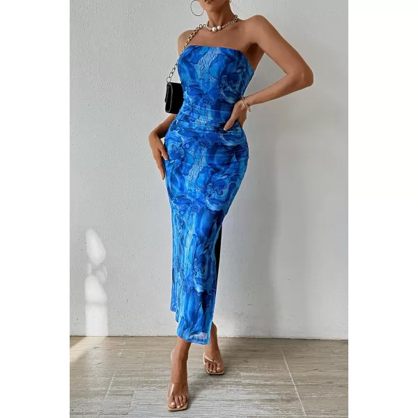 imagePRETTYGARDEN Womens Summer Maxi Bodycon Dresses Strapless Tube Top Printed Long Party Club Slit DressPrint Brilliant Blue
