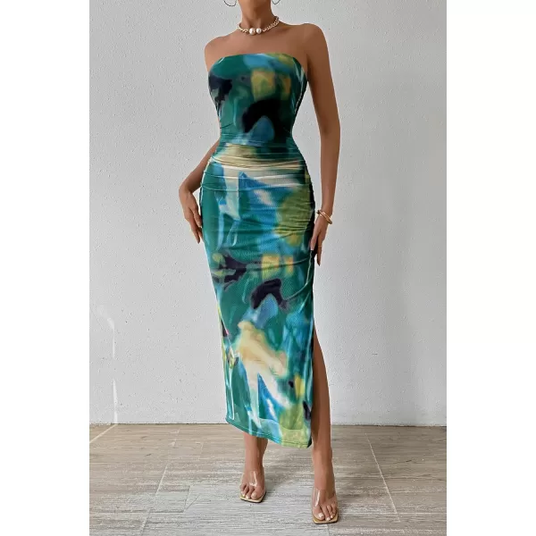 imagePRETTYGARDEN Womens Summer Maxi Bodycon Dresses Strapless Tube Top Printed Long Party Club Slit DressPrint Green