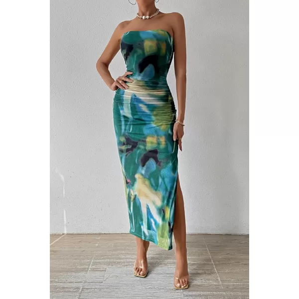 imagePRETTYGARDEN Womens Summer Maxi Bodycon Dresses Strapless Tube Top Printed Long Party Club Slit DressPrint Green