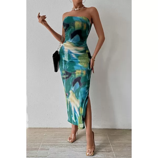 imagePRETTYGARDEN Womens Summer Maxi Bodycon Dresses Strapless Tube Top Printed Long Party Club Slit DressPrint Green