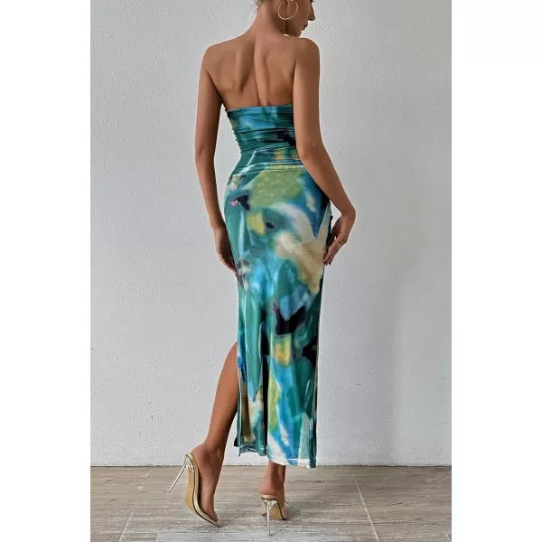 imagePRETTYGARDEN Womens Summer Maxi Bodycon Dresses Strapless Tube Top Printed Long Party Club Slit DressPrint Green