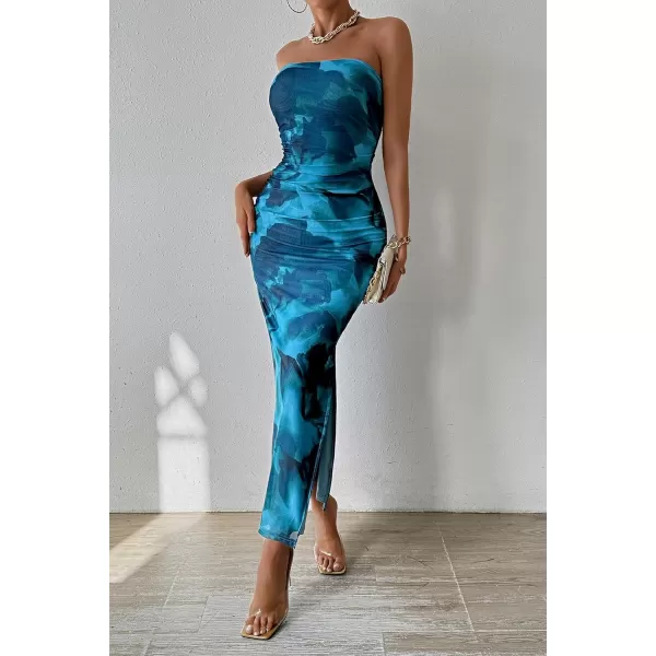 imagePRETTYGARDEN Womens Summer Maxi Bodycon Dresses Strapless Tube Top Printed Long Party Club Slit DressPrint Lake Blue
