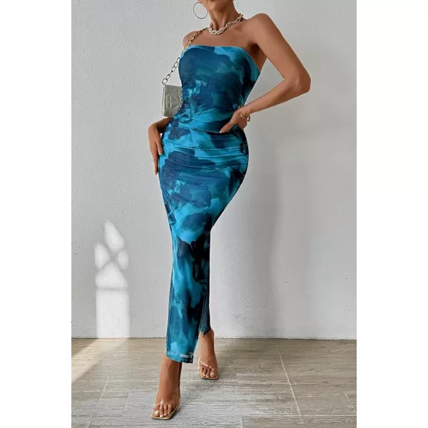 imagePRETTYGARDEN Womens Summer Maxi Bodycon Dresses Strapless Tube Top Printed Long Party Club Slit DressPrint Lake Blue