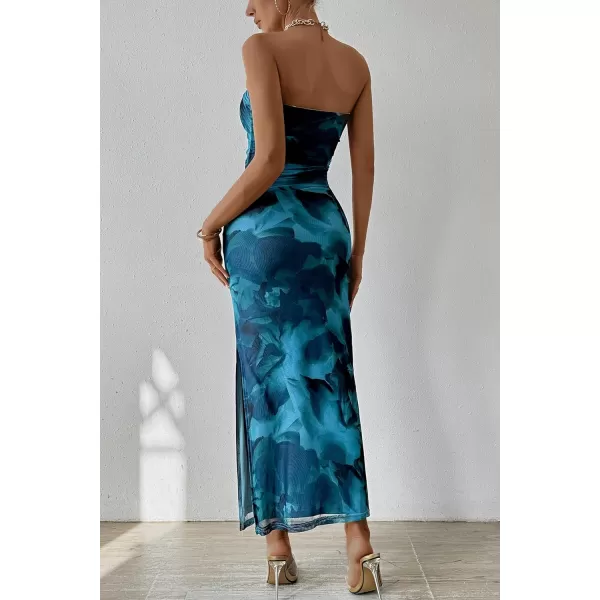 imagePRETTYGARDEN Womens Summer Maxi Bodycon Dresses Strapless Tube Top Printed Long Party Club Slit DressPrint Lake Blue