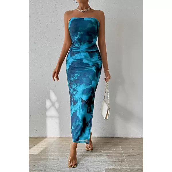 imagePRETTYGARDEN Womens Summer Maxi Bodycon Dresses Strapless Tube Top Printed Long Party Club Slit DressPrint Lake Blue
