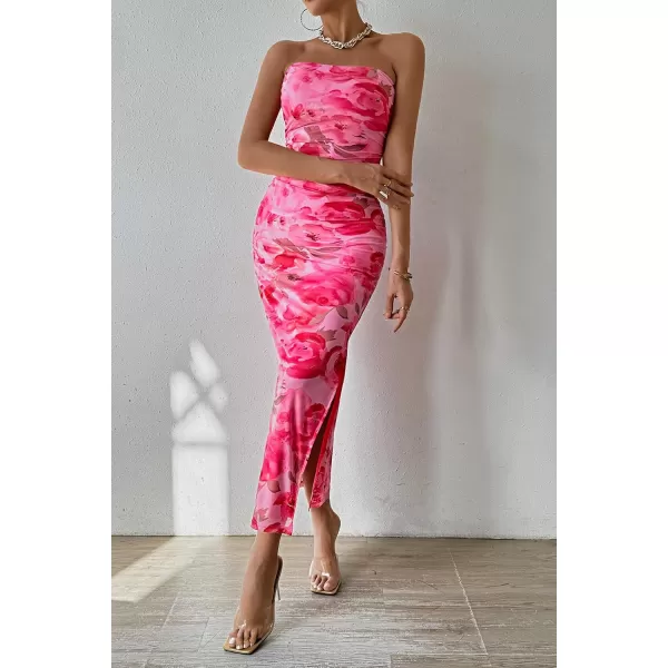 imagePRETTYGARDEN Womens Summer Maxi Bodycon Dresses Strapless Tube Top Printed Long Party Club Slit DressPrint Pink