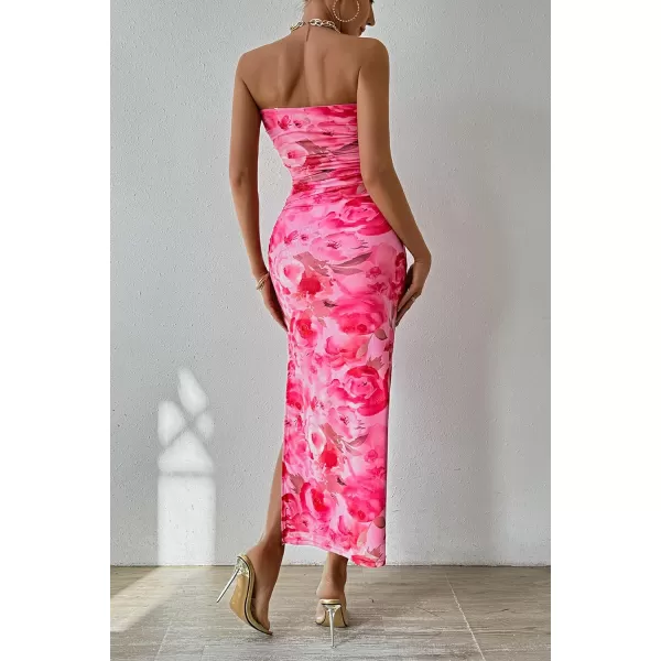 imagePRETTYGARDEN Womens Summer Maxi Bodycon Dresses Strapless Tube Top Printed Long Party Club Slit DressPrint Pink