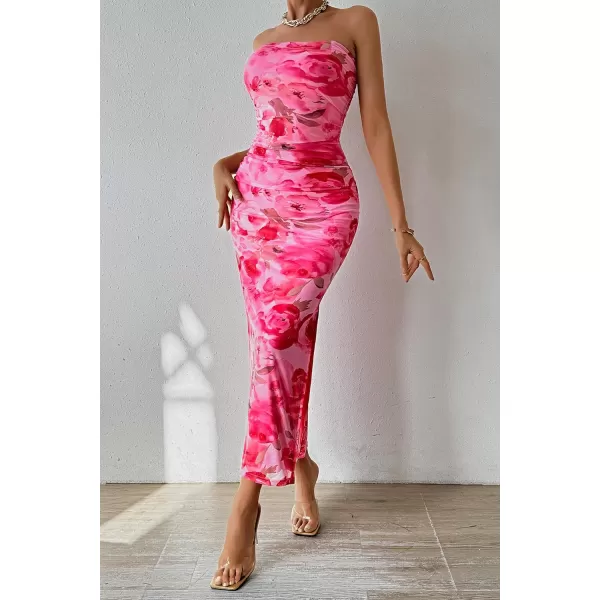 imagePRETTYGARDEN Womens Summer Maxi Bodycon Dresses Strapless Tube Top Printed Long Party Club Slit DressPrint Pink