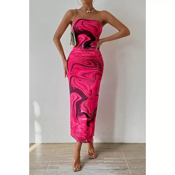 imagePRETTYGARDEN Womens Summer Maxi Bodycon Dresses Strapless Tube Top Printed Long Party Club Slit DressPrint Rose Red