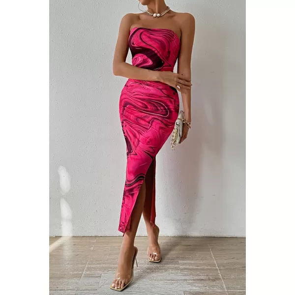 imagePRETTYGARDEN Womens Summer Maxi Bodycon Dresses Strapless Tube Top Printed Long Party Club Slit DressPrint Rose Red