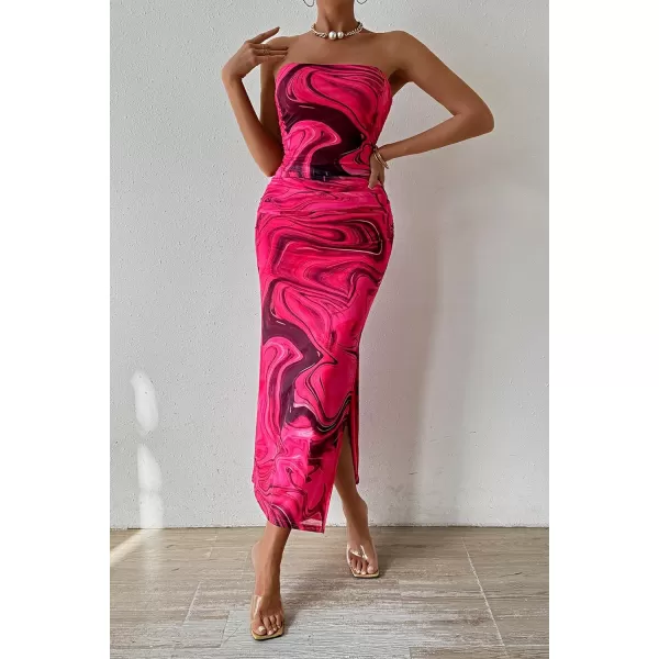 imagePRETTYGARDEN Womens Summer Maxi Bodycon Dresses Strapless Tube Top Printed Long Party Club Slit DressPrint Rose Red