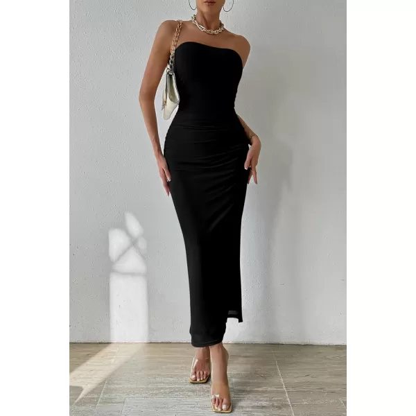 imagePRETTYGARDEN Womens Summer Maxi Bodycon Dresses Strapless Tube Top Printed Long Party Club Slit DressSolid Black