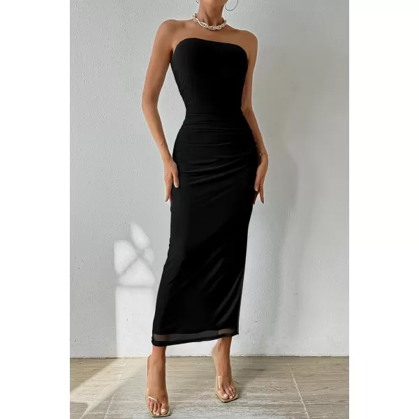imagePRETTYGARDEN Womens Summer Maxi Bodycon Dresses Strapless Tube Top Printed Long Party Club Slit DressSolid Black