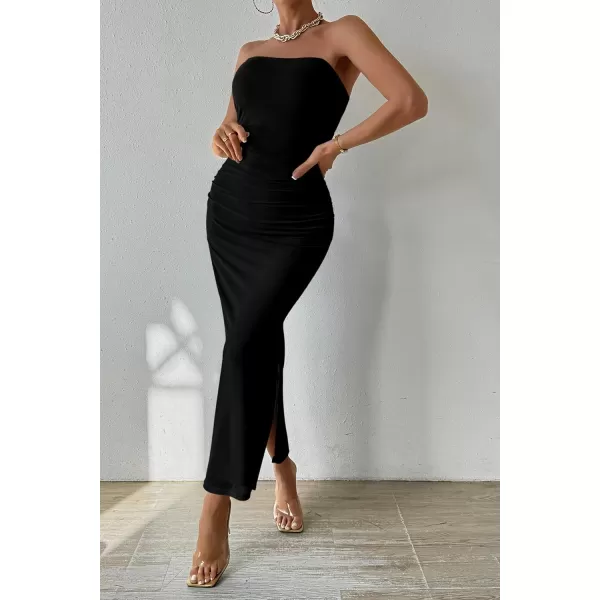 imagePRETTYGARDEN Womens Summer Maxi Bodycon Dresses Strapless Tube Top Printed Long Party Club Slit DressSolid Black