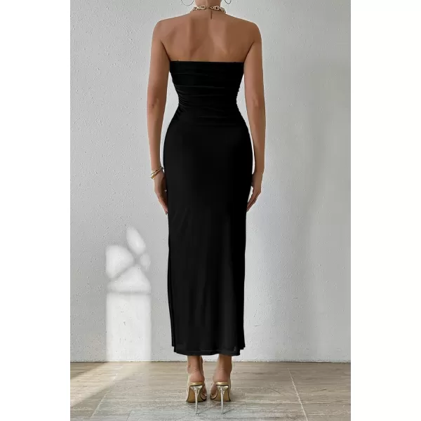 imagePRETTYGARDEN Womens Summer Maxi Bodycon Dresses Strapless Tube Top Printed Long Party Club Slit DressSolid Black