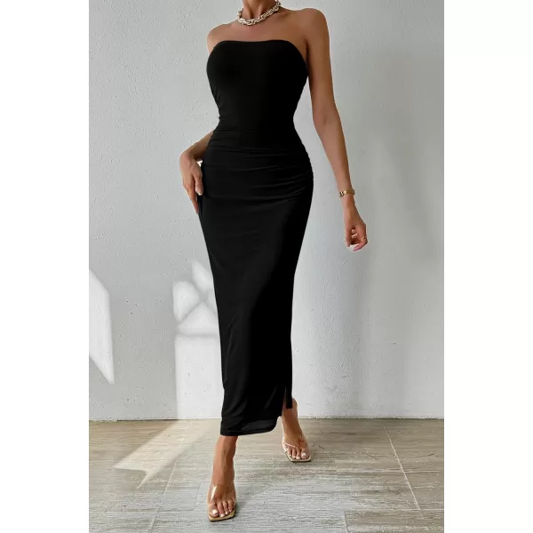 imagePRETTYGARDEN Womens Summer Maxi Bodycon Dresses Strapless Tube Top Printed Long Party Club Slit DressSolid Black