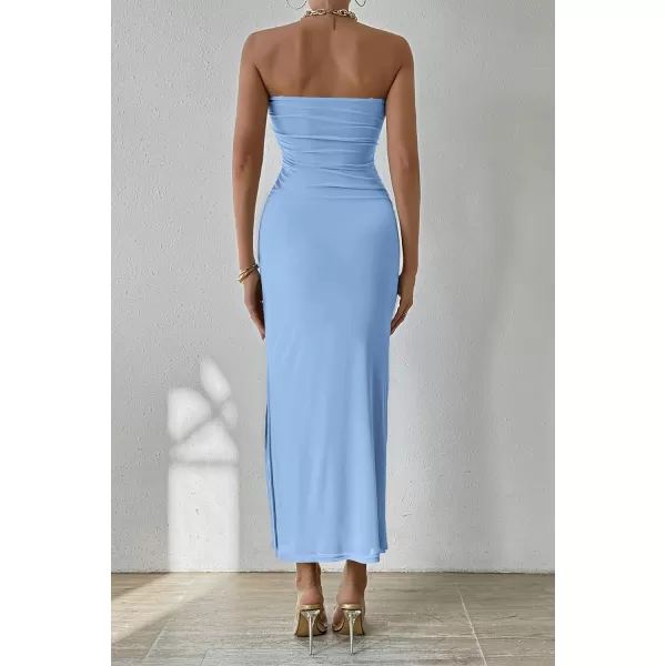 imagePRETTYGARDEN Womens Summer Maxi Bodycon Dresses Strapless Tube Top Printed Long Party Club Slit DressSolid Light Blue