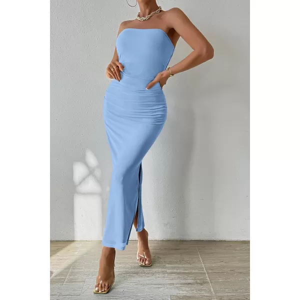 imagePRETTYGARDEN Womens Summer Maxi Bodycon Dresses Strapless Tube Top Printed Long Party Club Slit DressSolid Light Blue