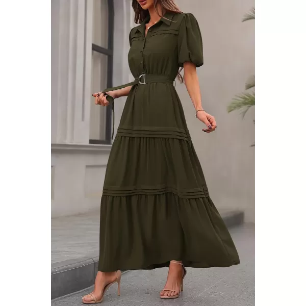 imagePRETTYGARDEN Womens Summer Maxi Dress Puff Short Sleeve Lapel V Neck Tiered A Line Flowy Elegant Party Dresses with BeltArmy Green