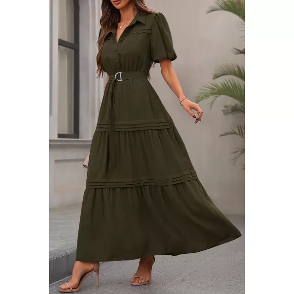 imagePRETTYGARDEN Womens Summer Maxi Dress Puff Short Sleeve Lapel V Neck Tiered A Line Flowy Elegant Party Dresses with BeltArmy Green