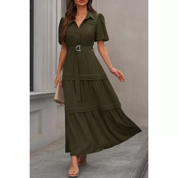 imagePRETTYGARDEN Womens Summer Maxi Dress Puff Short Sleeve Lapel V Neck Tiered A Line Flowy Elegant Party Dresses with BeltArmy Green